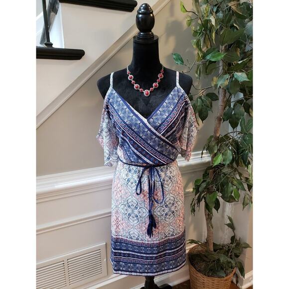 Maurices Dress Women Size X-L Blue Pink Boho Cold Shoulder Wrap Midi Belted - Picture 4 of 16